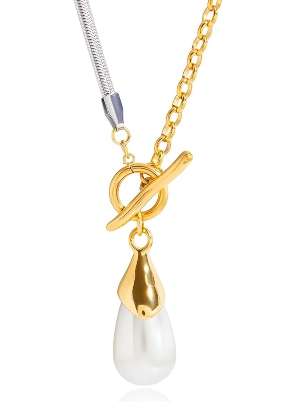 Anthropologie Two-Tone Gold Toggle Necklace with White Teardrop Pearl